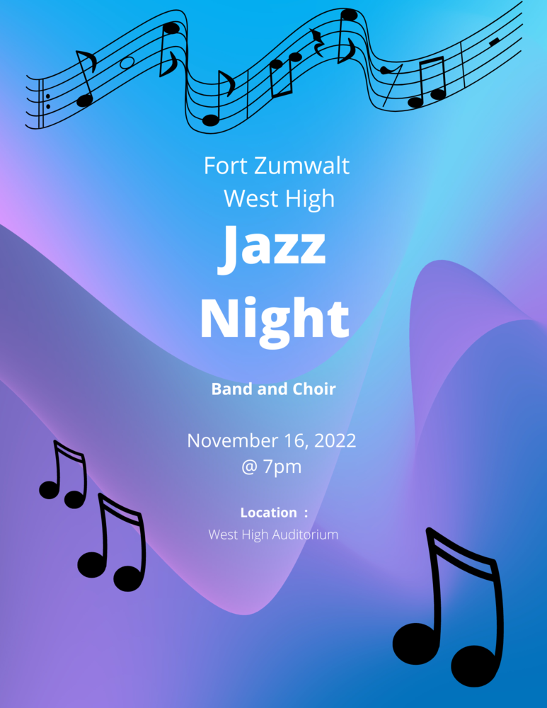 ​Come enjoy a night of Jazz at West High.  The band and choir come together for a great show.  November 16, 2022 at 7pm in the auditorium.