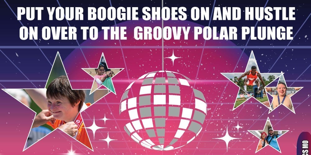 Disco Themed Polar Plunge: Star Frames with pictures of children participating in Special Olympics and a disco ball in the center