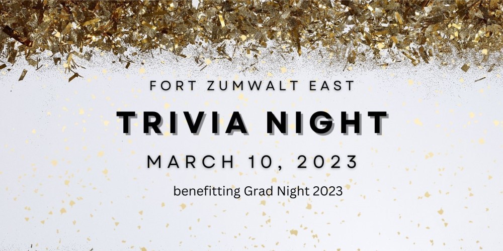 FZE Trivia Night on March 10, 2023 benefitting Grad Night on gold confetti background