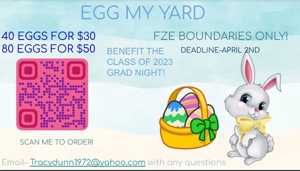 Egg My Yard Fundraiser with cartoon gray bunny with an easter basket