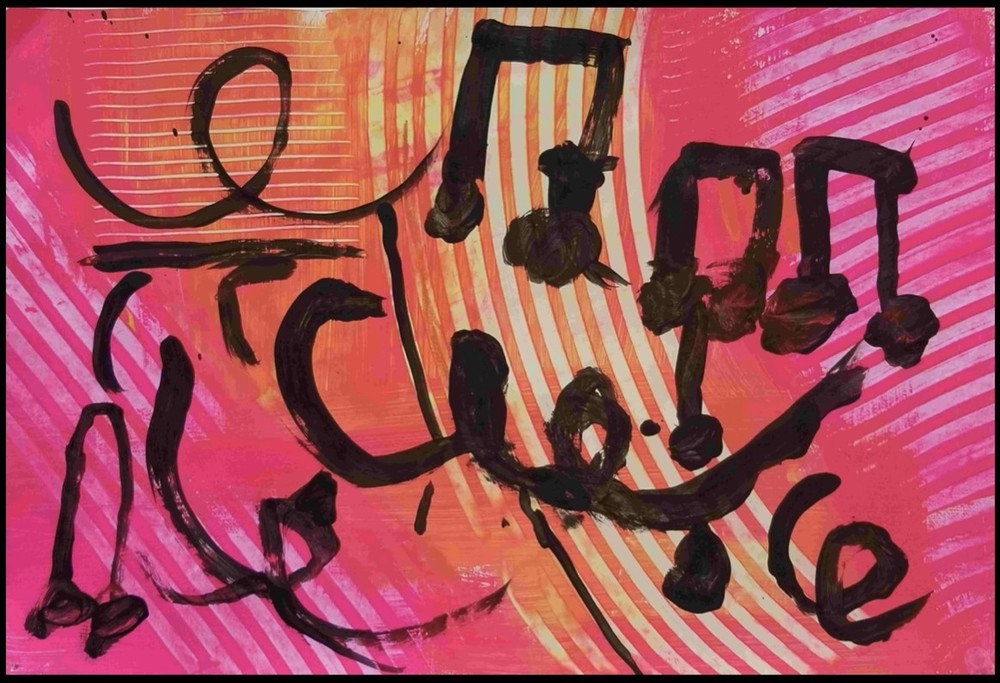 ​​Student art created by kindergartener, inspired by classical music. pink and orange with black music notes​
