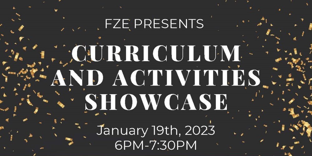 Curriculum & Activities Showcase on 1/19 , 6-7:30 pm  on black background with gold confetti