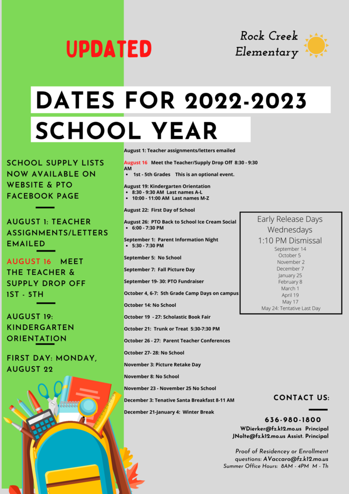 Important Dates for the Coming School Year Rock Creek Elementary School