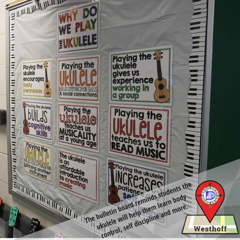 Bulletin Board reminds students the ukulele will help them learn body control, self discipline and more.