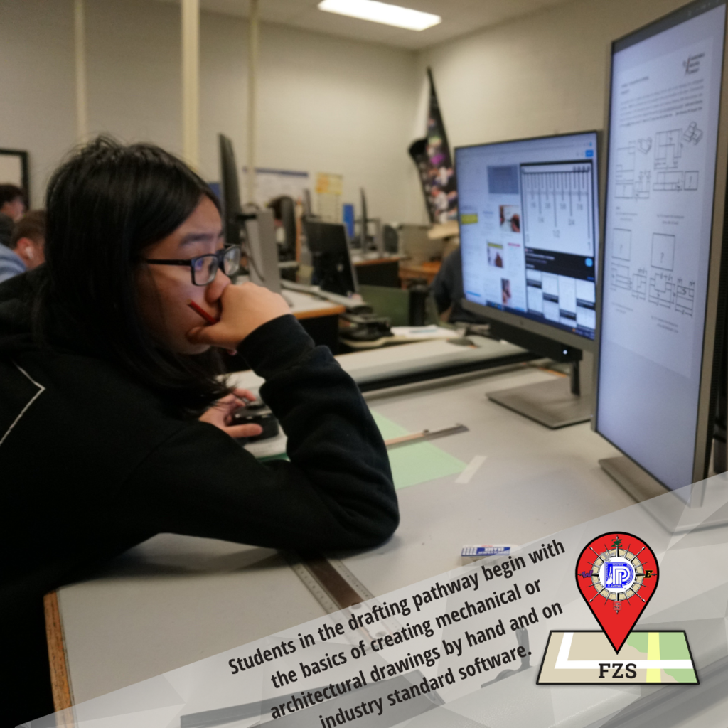 Students in the drafting pathway begin with the basics of creating mechanical or architectural drawings by hand and on industry standard software.