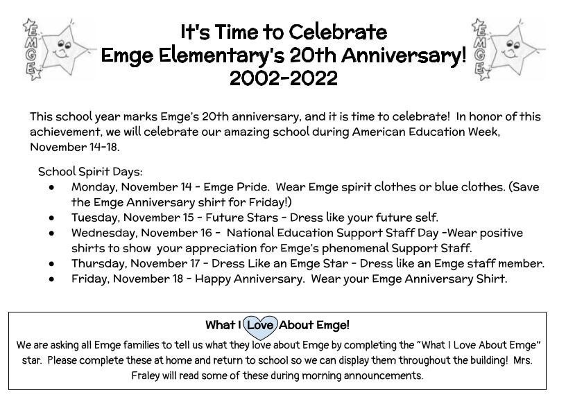 Emge 20th anniversary spirit days