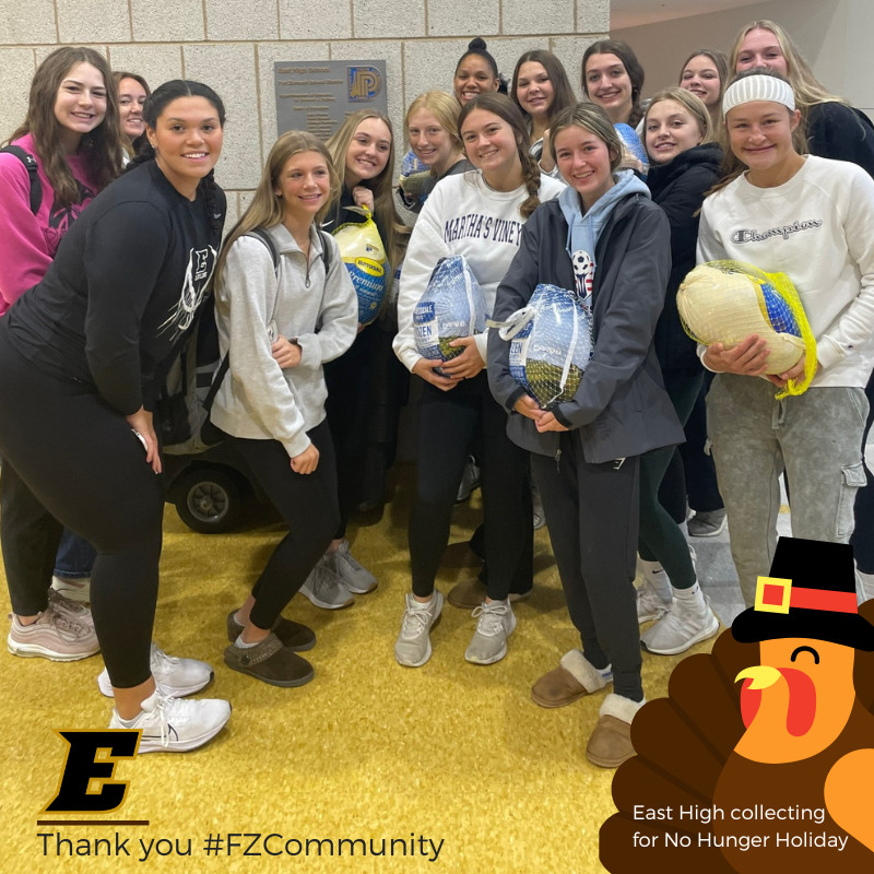 Thank you #FZCommunity: East High collecting for No Hunger Holiday pose as a group with frozen turkeys
