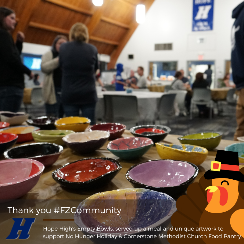 Hope High's Empty Bowls, served up a meal and unique artwork to support for No Hunger Holiday & Cornerstone Methodist Church Food Pantry.