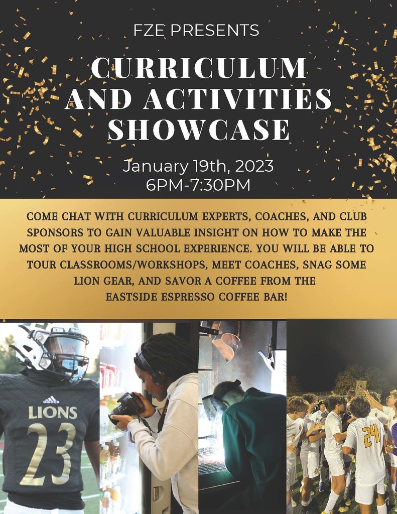 The Curriculum and Activities Showcase announcement for 1/19 from 6-7:30 pm with photo tiles of a FZE football player, a yearbook photographer, a student welding, and the boys soccer team after a win.