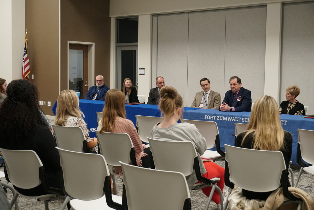 25 Cadet Teachers participate in a panel discussion with Superintendent Dr. Bernie DuBray,  FZ assistant superintendents and principals