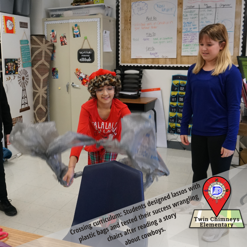 Crossing curriculum: Students designed lassos with plastic bags and tested their success wrangling chairs after reading a story about cowboys.