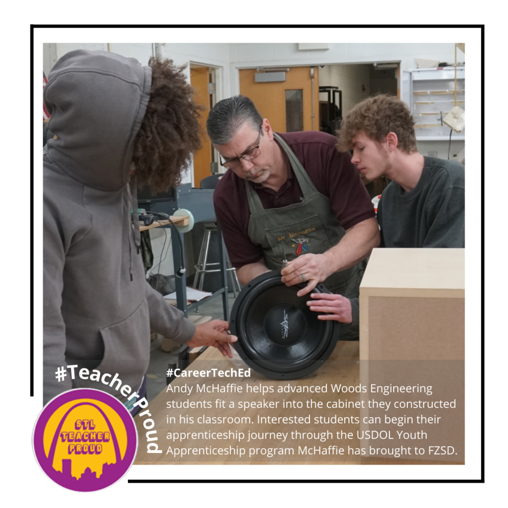 #CareerTechEd Andy McHaffie helps advanced Woods Engineering students fit a speaker into the cabinet they constructed in his classroom. Interested students can begin their apprenticeship journey through the USDOL Youth Apprenticeship program McHaffie has brought to FZSD.