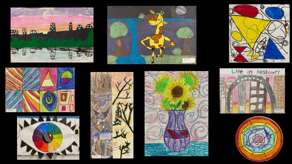 Sample of student artwork including cityscapes, geometric designs, flowers in a vase, Mondrian inspired art, and mixed media.