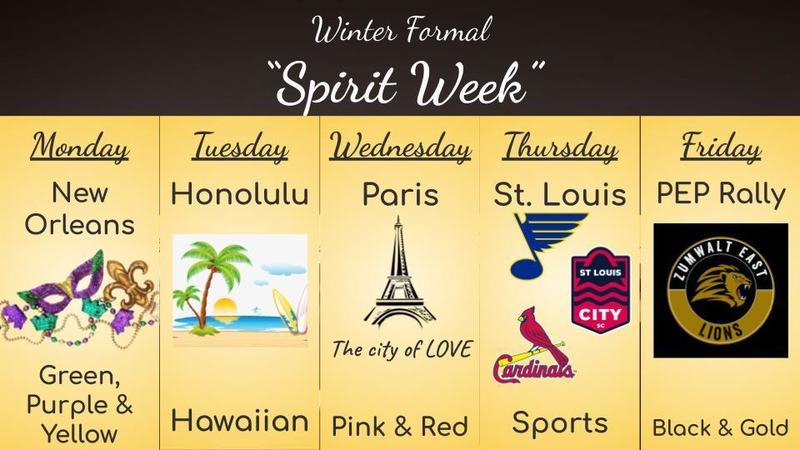 Winter Formal Spirit Week Theme Announcement with Mardi Gras mask, beach scene with palm tree, Eifel tower, Blues & Cardinals logo, & East High Lion in black and gold.