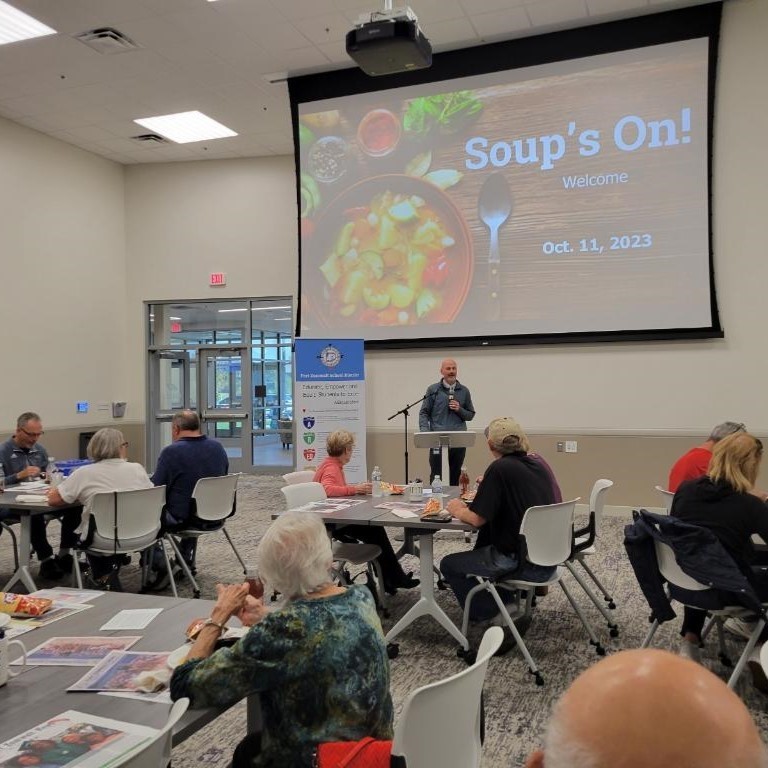 Superintendent Dr. Paul Myers updates residents at Soup's On!